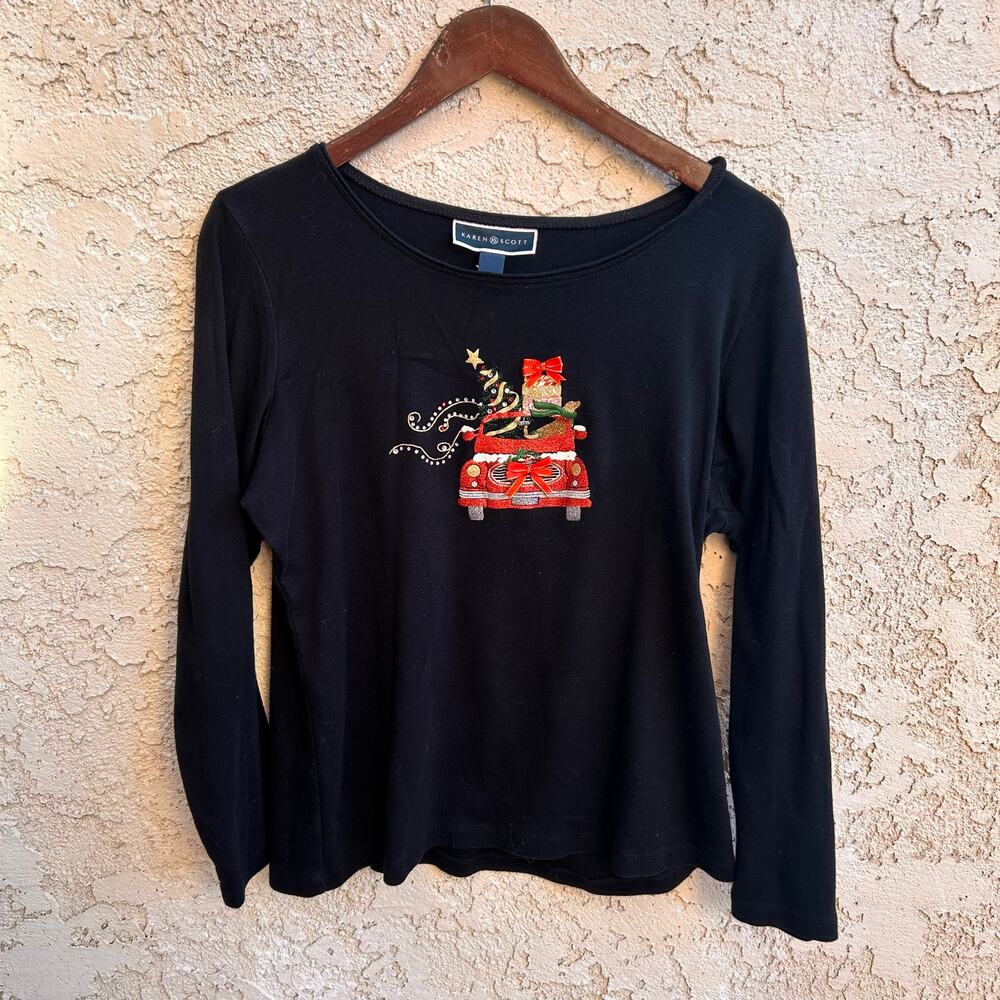 Karen Scott Christmas Car Gifts Embroidered Long Sleeve Shirt Black Size L